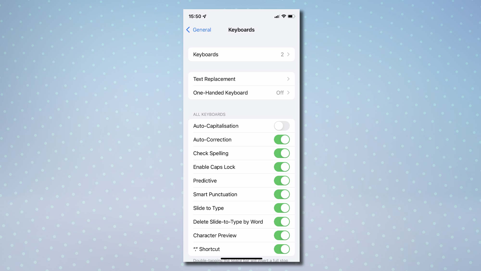 A screenshot of the keyboards menu on iPhone with