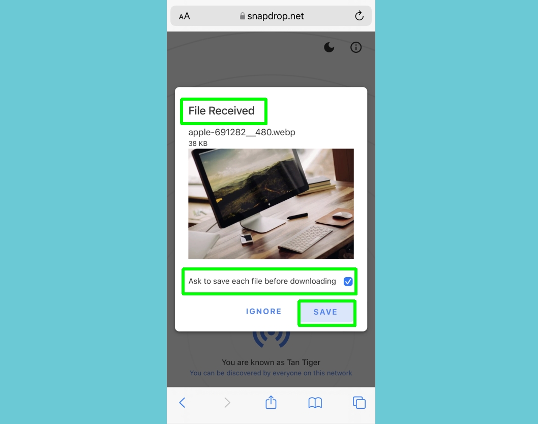 how to share files between android and iphone - file received