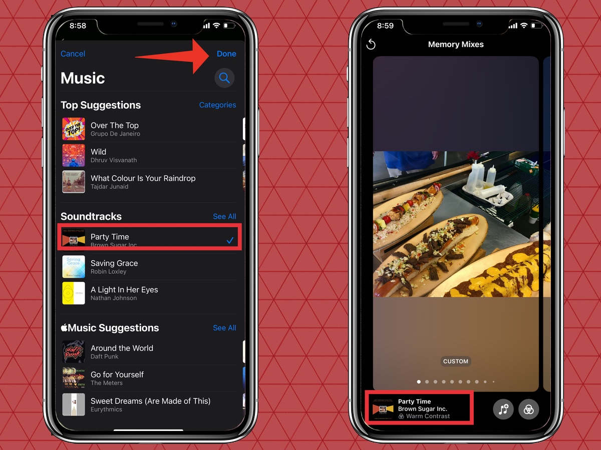 Tap done to finish editing music for Memories in iOS 15 Photos