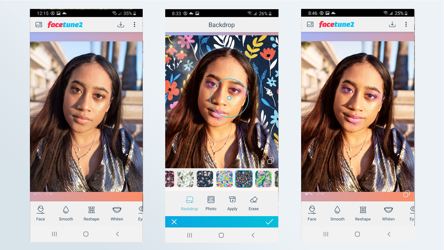 Screenshots showing the Facetune 2 photo editing app in use