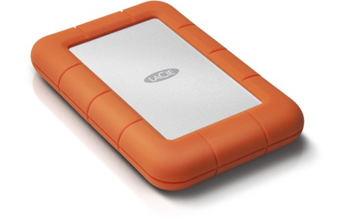 LaCie model Rugged USB-C 1 TB hard drive with orange edge 