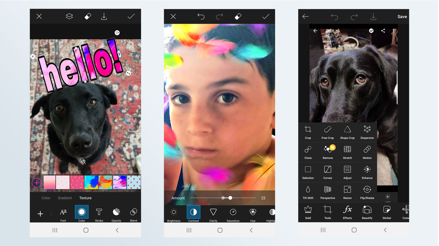 Screens from PicsArt, our choice as the best photo editing app