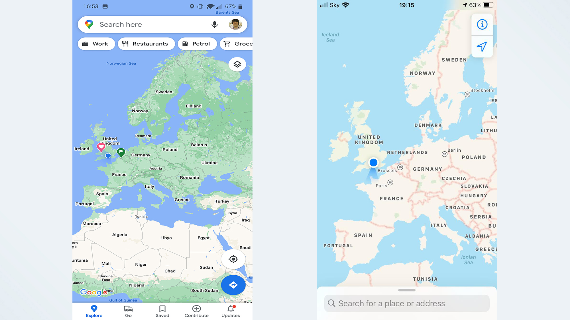 Google Maps vs. Apple Maps: Map of Europe