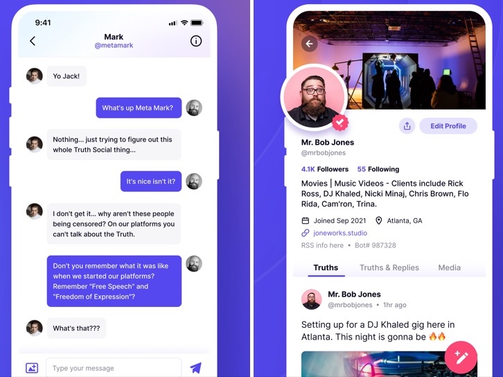Two screenshots of the Truth Social iOS app, with user chats on the left and a user profile on the right