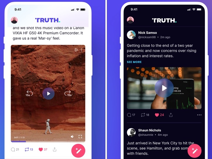 Two screenshots of the Truth Social iOS app